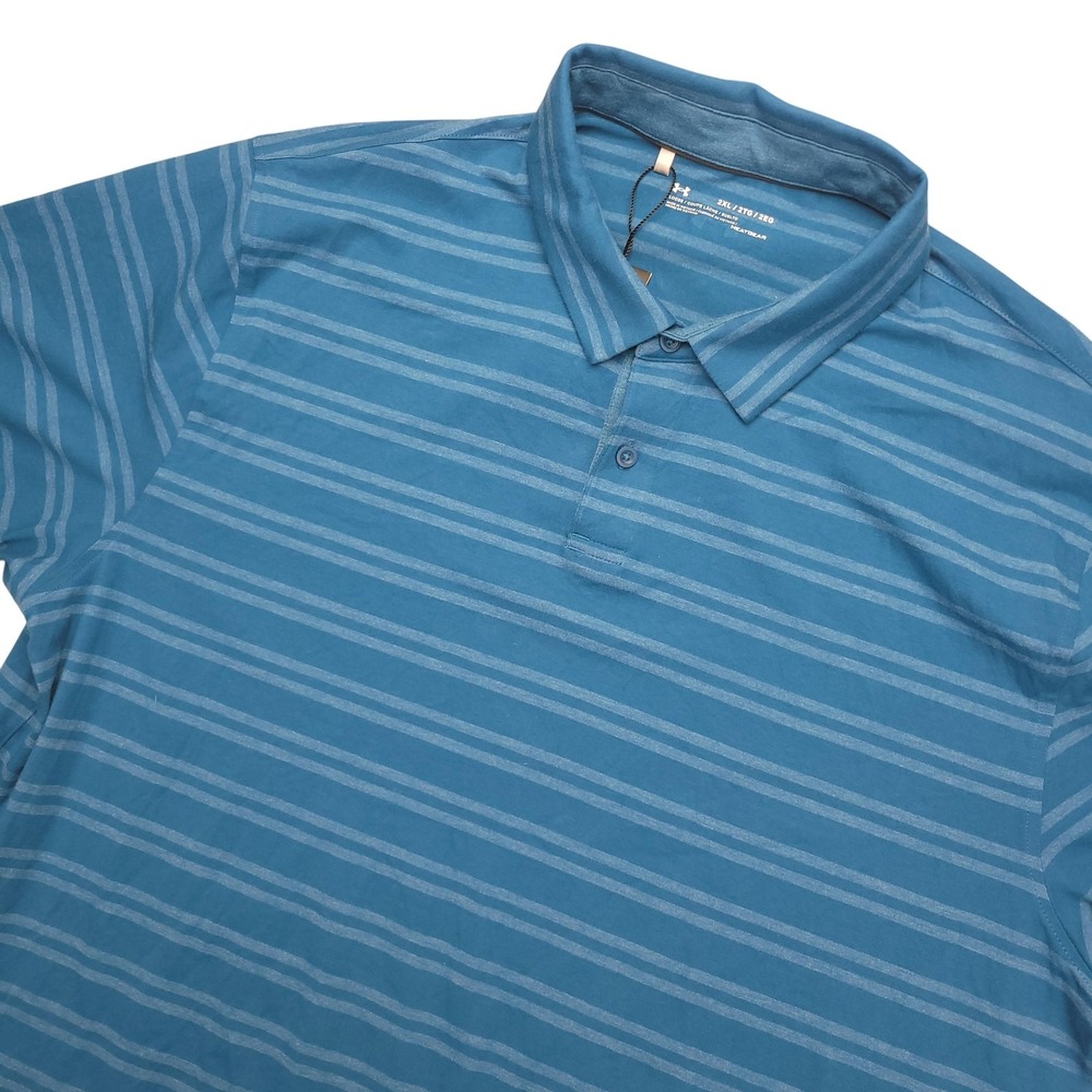 Under Armour HeatGear Polo Shirt Mens 2XL Blue Stripe Golf Stretch Top
